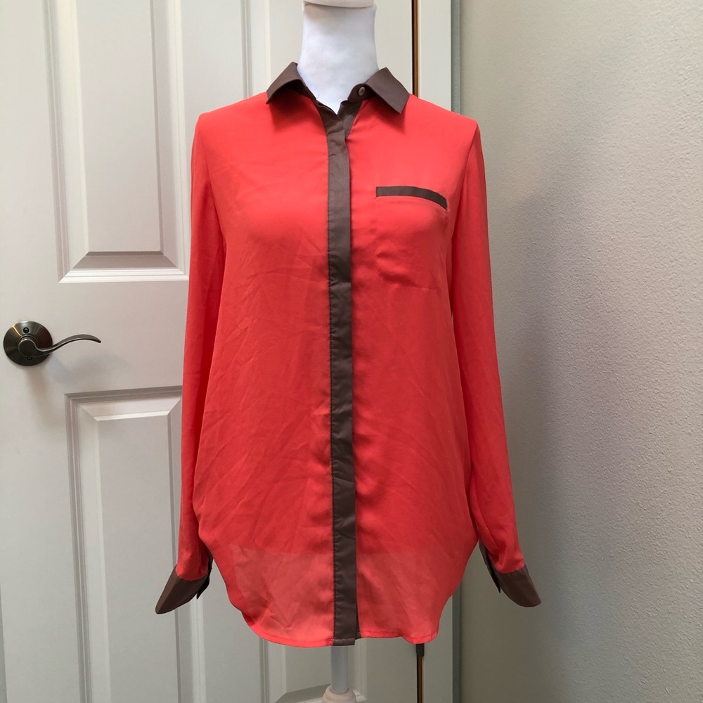 FREE PEOPLE LONG SLEEVE BUTTON UP COLLARED SHIRT ORANGE BROWN XS